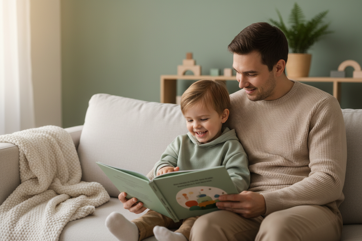 Parent and child reading on couch