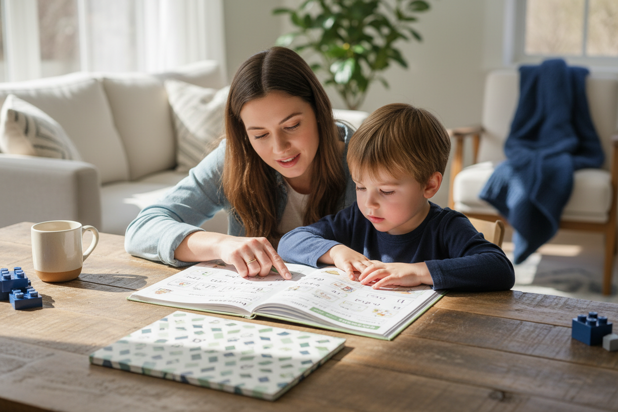 Parent and child with phonics workbook